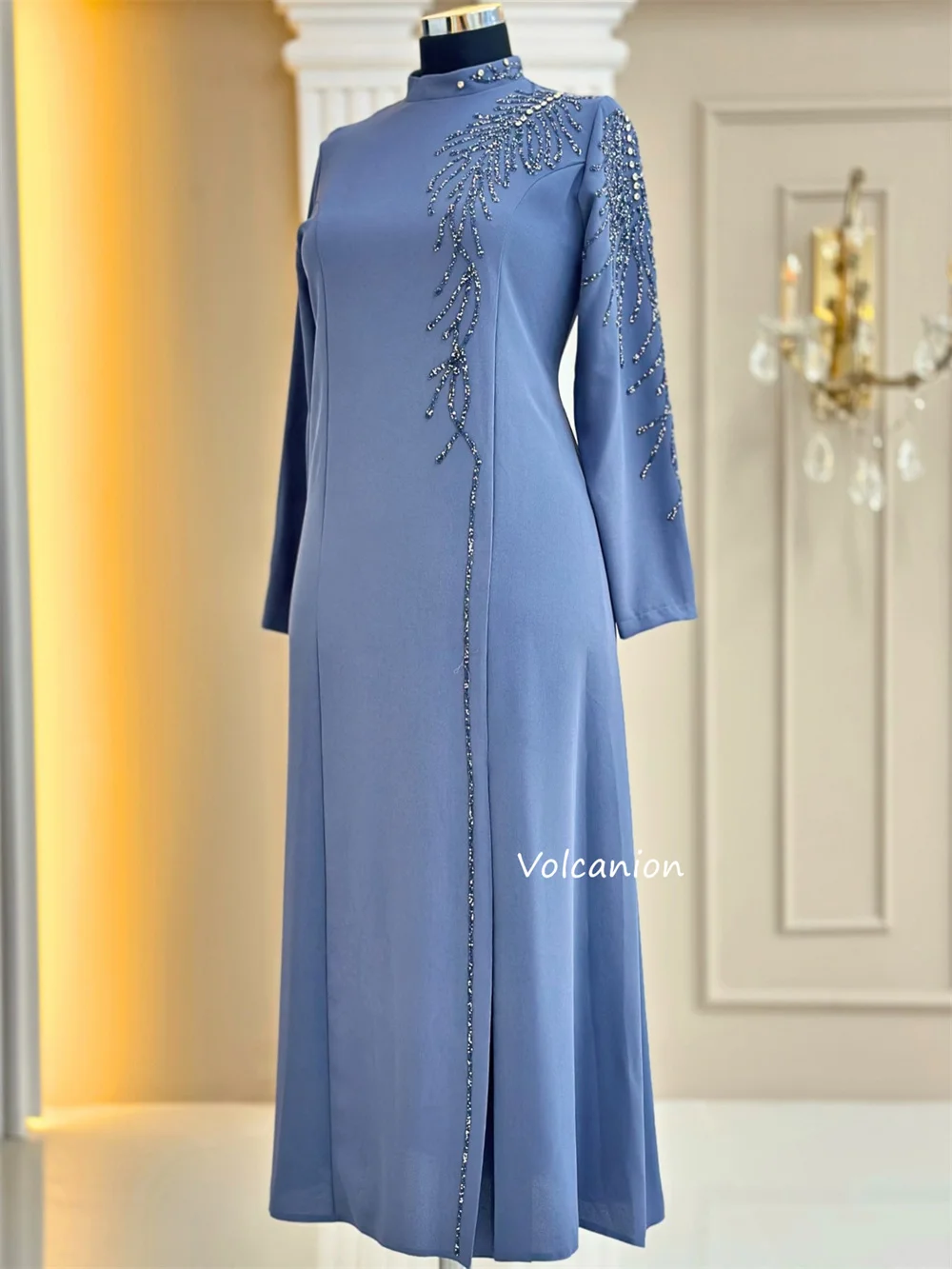 Customized Formal Jersey Pleat Sequined Pattern A-line High Collar Midi Bespoke Occasion Prom Dresses Chinese Style