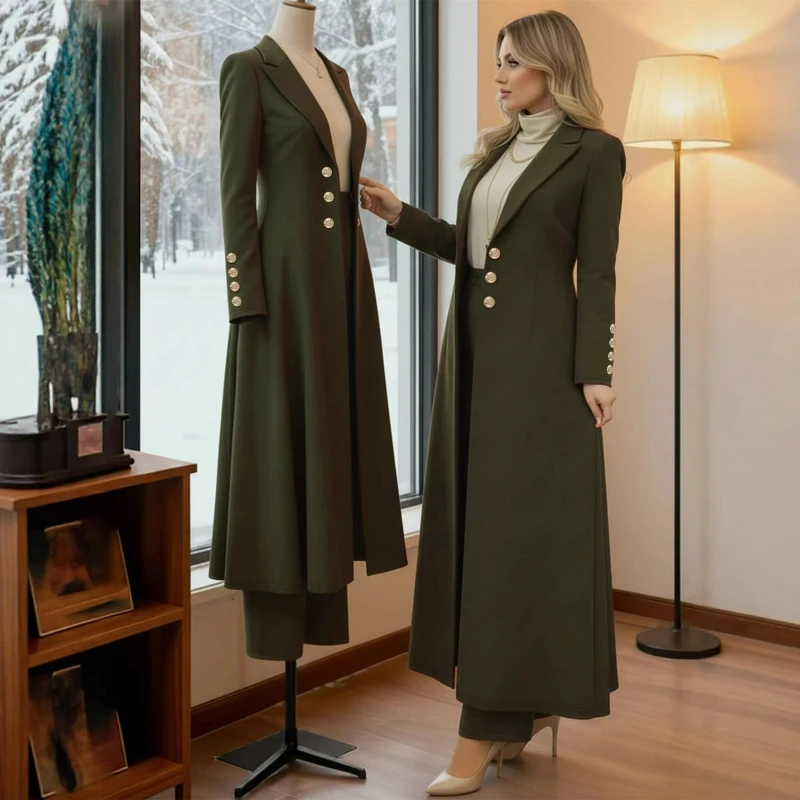 Damen-Hosenanzüge Zweiteilig Elegante Jacken mit Knöpfen Einfarbiger Revers Langer Mantel Langarm Vintage Gerade Hosen Büro-Dame Herbst