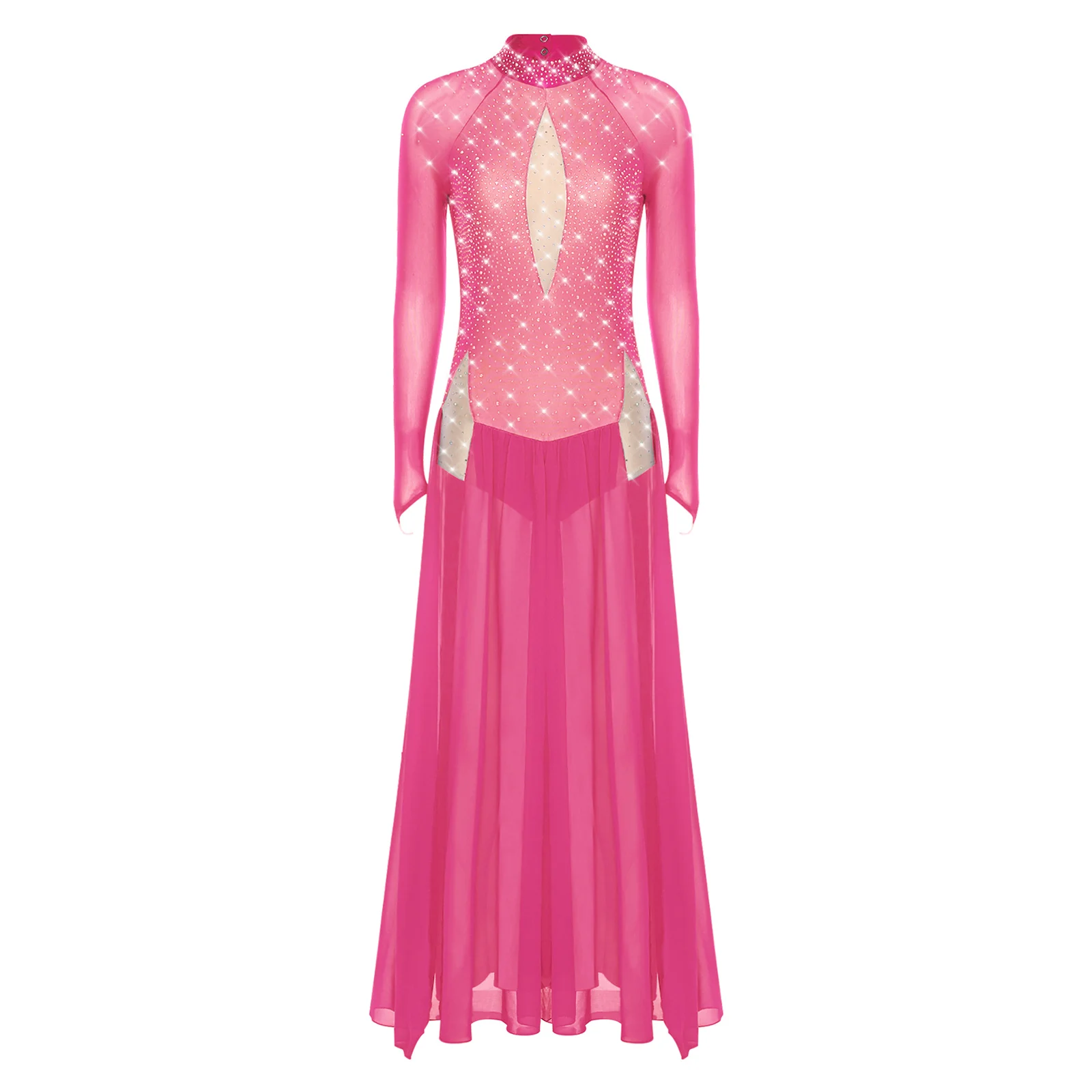 

Womens Lyrical Gymnastics Dance Maxi Dress Long Sleeve Backless Chiffon Slit Hem Jazz Dance Leotard Dress Modern Dance Costume