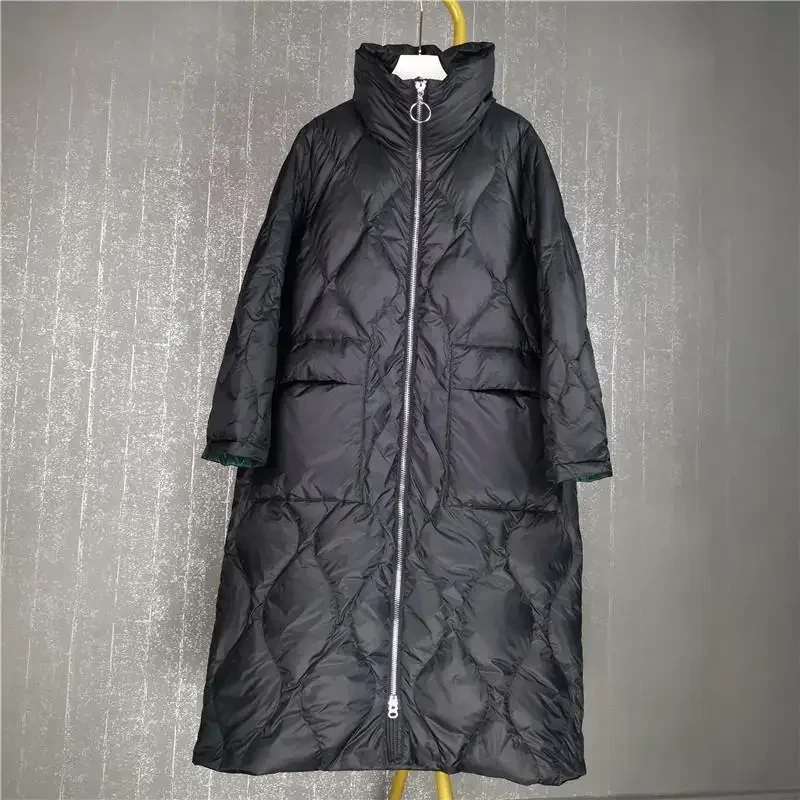 

Winter European New Women's Down Jacket Commuting Splicing Windproof Stand Up Collar Long Down Jacket