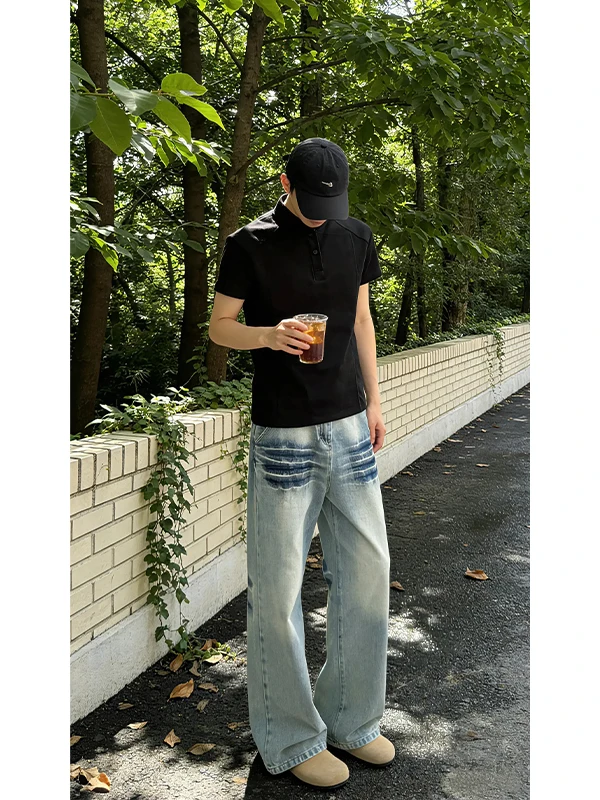 

Washed Light Blue Men's Jeans High Street American Style Micro Flared Retro Trendy Straight Leg Pants Wear Resistant Non Shrink