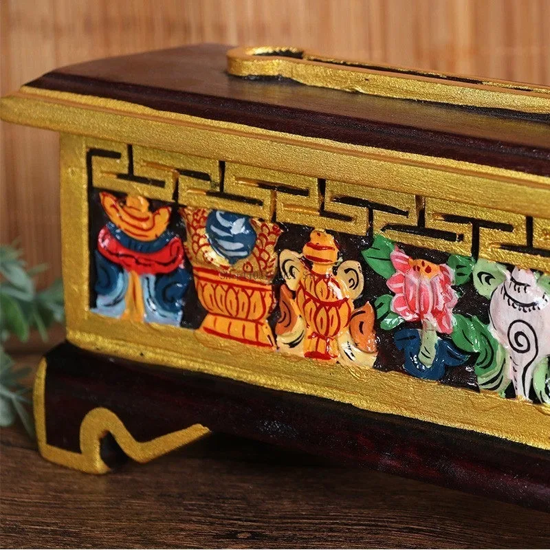 46CM Nepal Hand-painted Wooden Eight Auspicious Incense Burner Household Ornament Line Incense Storage Box Aromatherapy Stove