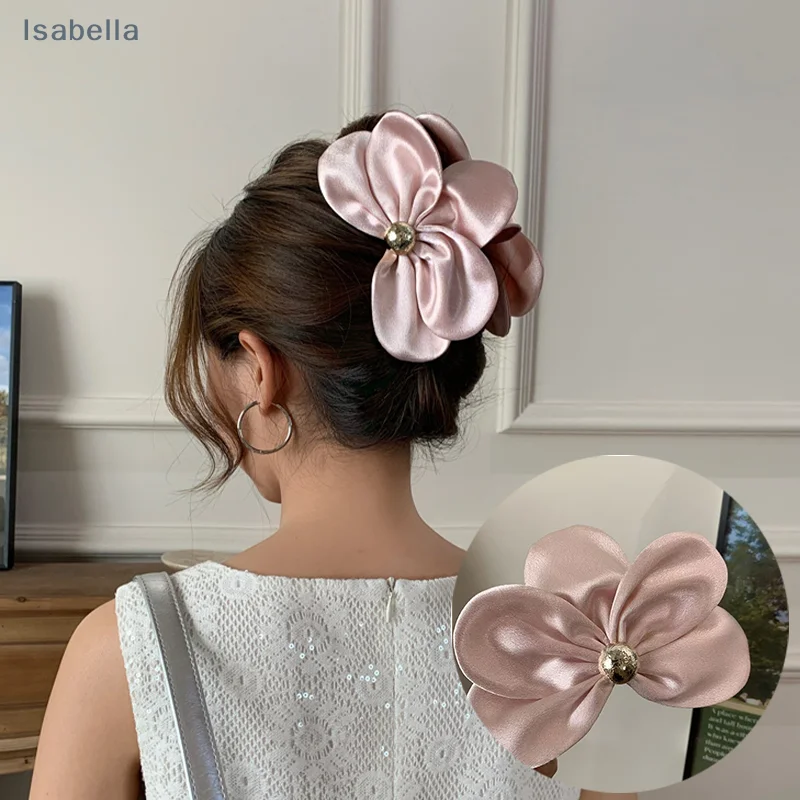 ♥ ♥ ♥ مشبك شعر بتلات ثلاثي الأبعاد من الساتان اللامع، دبوس شعر حلو نصف مربوط مشبك شعر نسائي مشبك سمك القرش