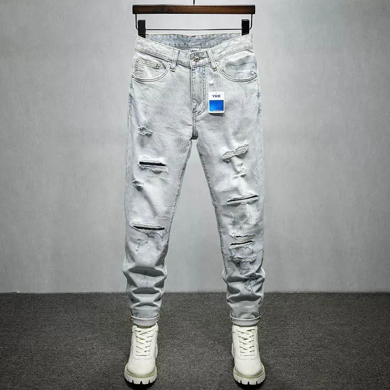 

Street Fashion Men Jeans Retro Light Blue Stretch Slim Fit Ripped Jeans Men Patched Designer Vintage Hip Hop Denim Pants Hombre