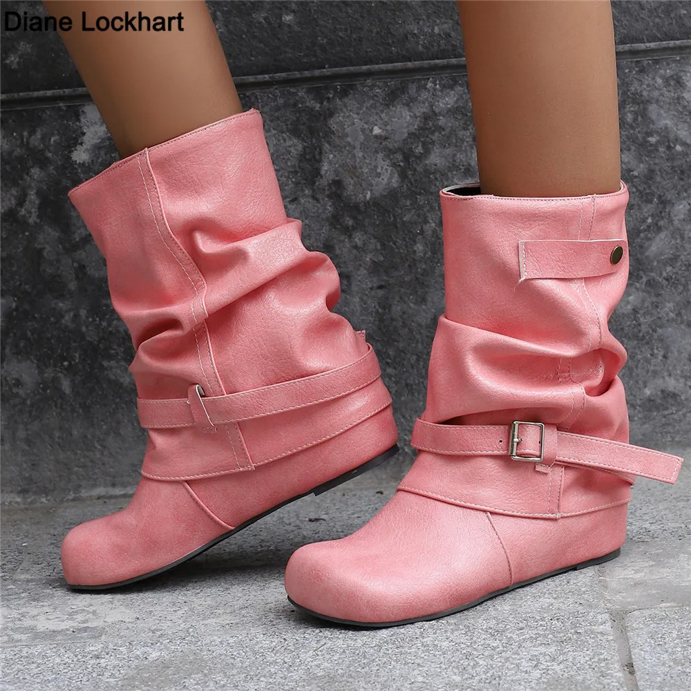 

Western Cowgirl Boots Fashion New Comfortable Internal Height Women's Boots Trendy Versatile Slip On Buckle Women Short Boots