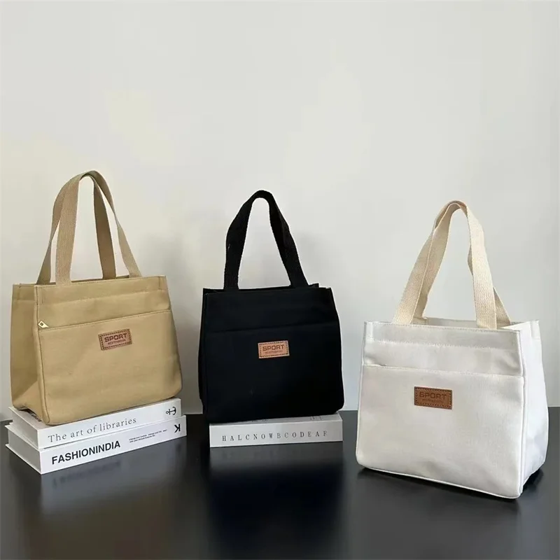 3Colors Simple Commuting Canvas Large Capacity Bento Tote Bag Office Worker Lunch Handbag