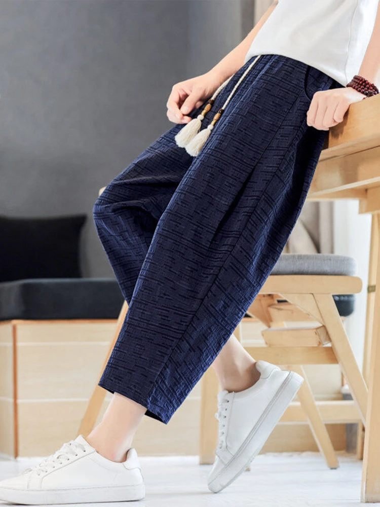 

Новые китайские мужские летние тонкие дышащие льняные брюки из хлопка и льна, свободные прямые брюки-фонарики, шорты-бриджи (7/8)