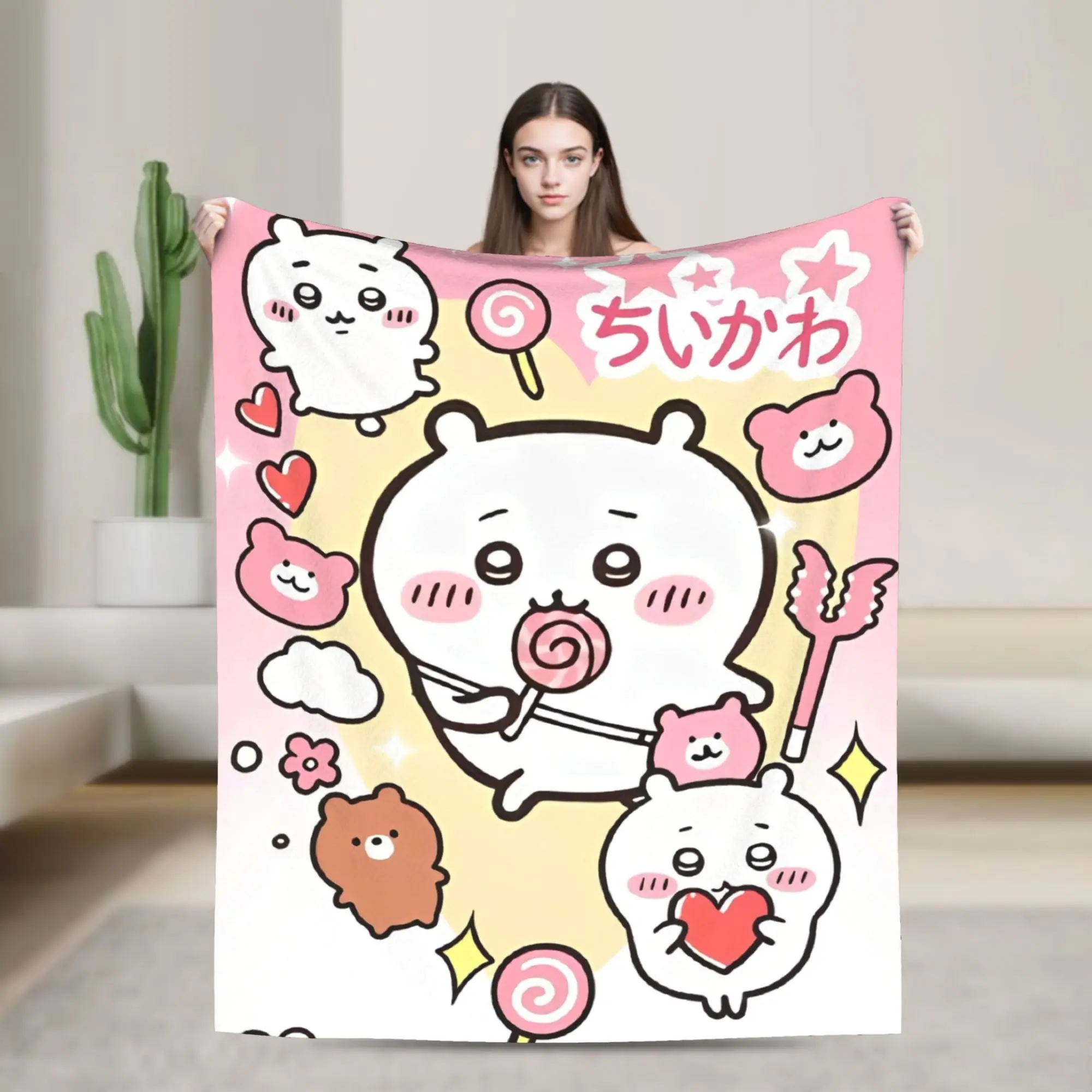 

Одеяло Rakko Chiikawa с героями мультфильмов для дивана, мягкое пушистое плюшевое одеяло 50x60 дюймов, покрывала разных размеров на все сезоны