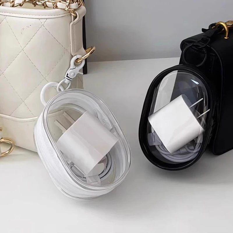 Black White Oval PVC Transparent Cosmetic Bag Organizer Doll Display Bag Portable Earphone Coin Data Cable Charger Storage Pouch