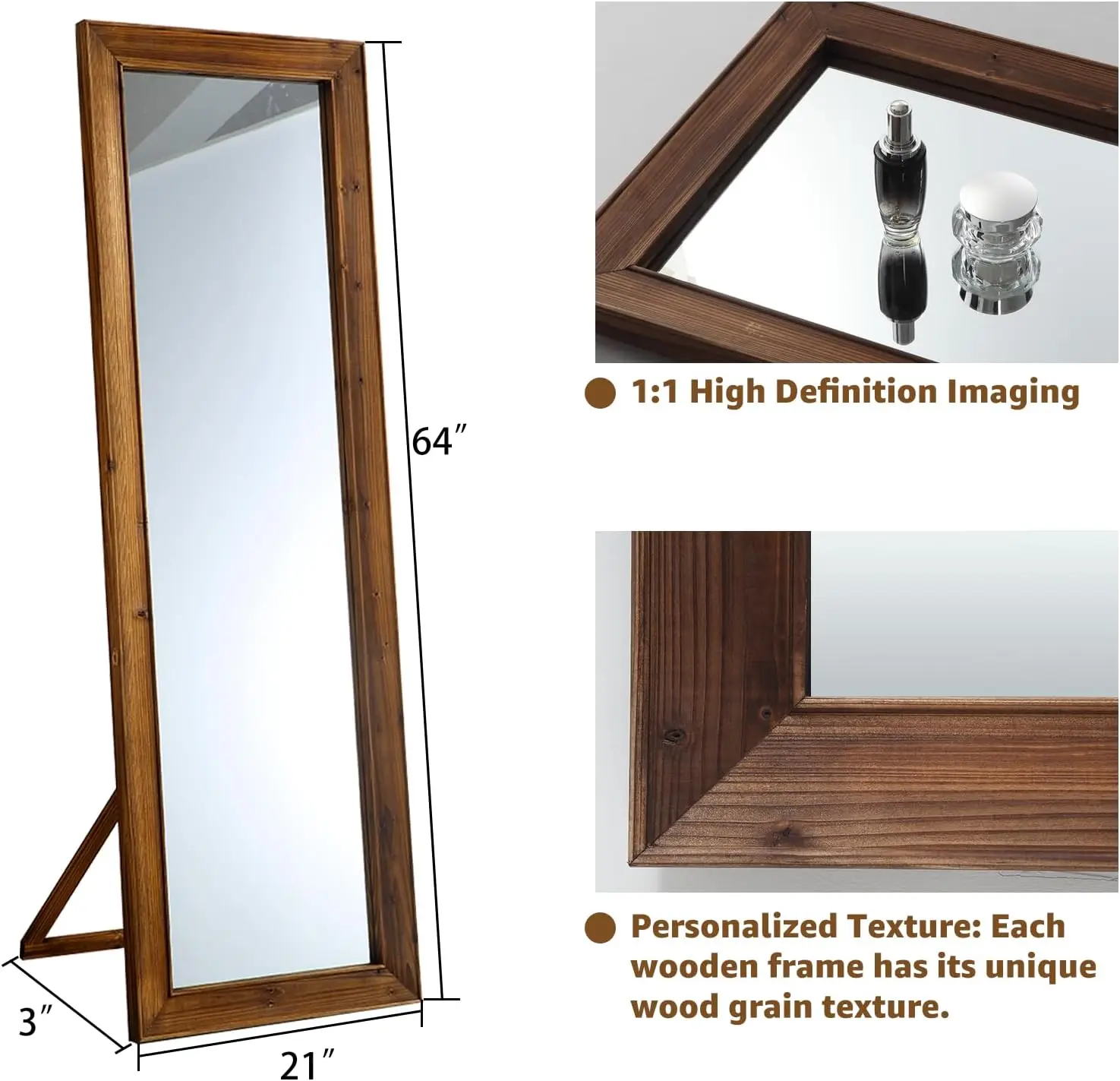 Miroir pleine longueur de ferme rustique, miroir de sol à cadre en bois de 64 po x 21 po