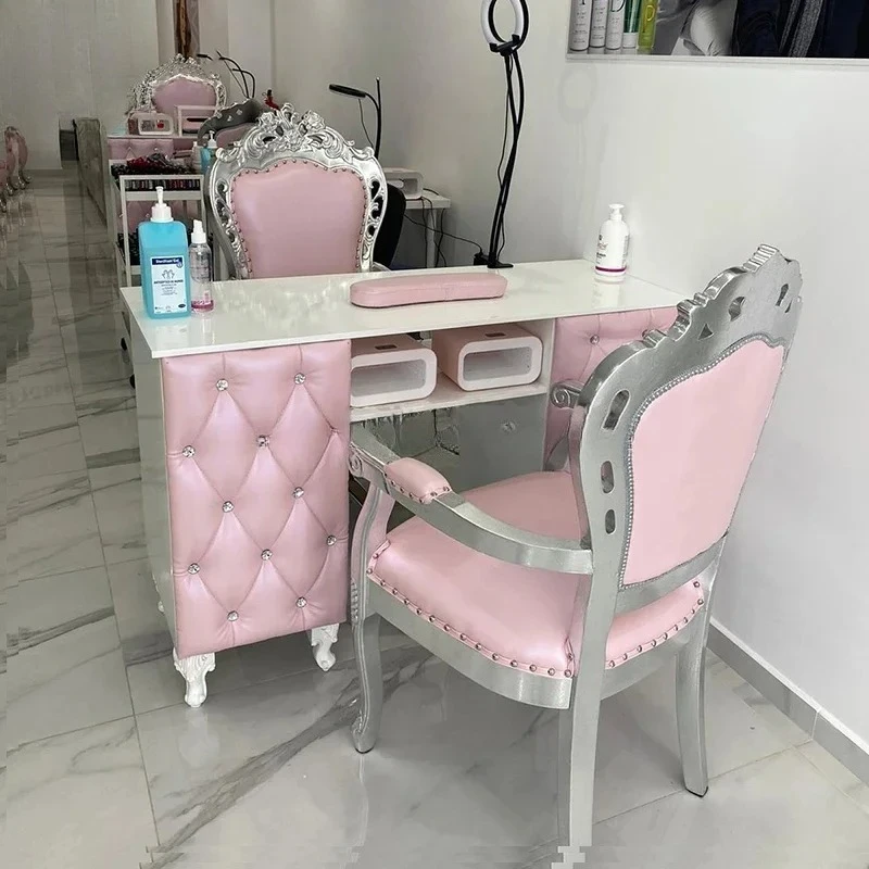 

Small Beauty Salon Traditional Style Nails Station Nail Desk Manicure Table With Vent and Chairs