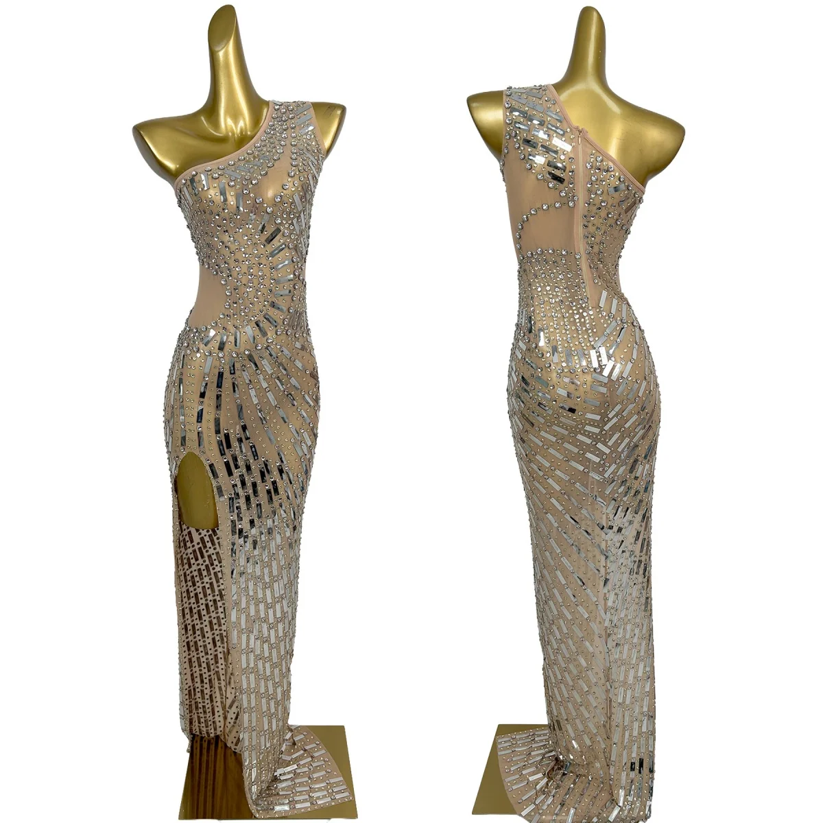 Nude Silver Sparkly Rhinestone Sequins One Shoulder Mermaid Maxi Dress Cutout Mesh Sheer Club Stage Trendy Evening Gown Sdanjian
