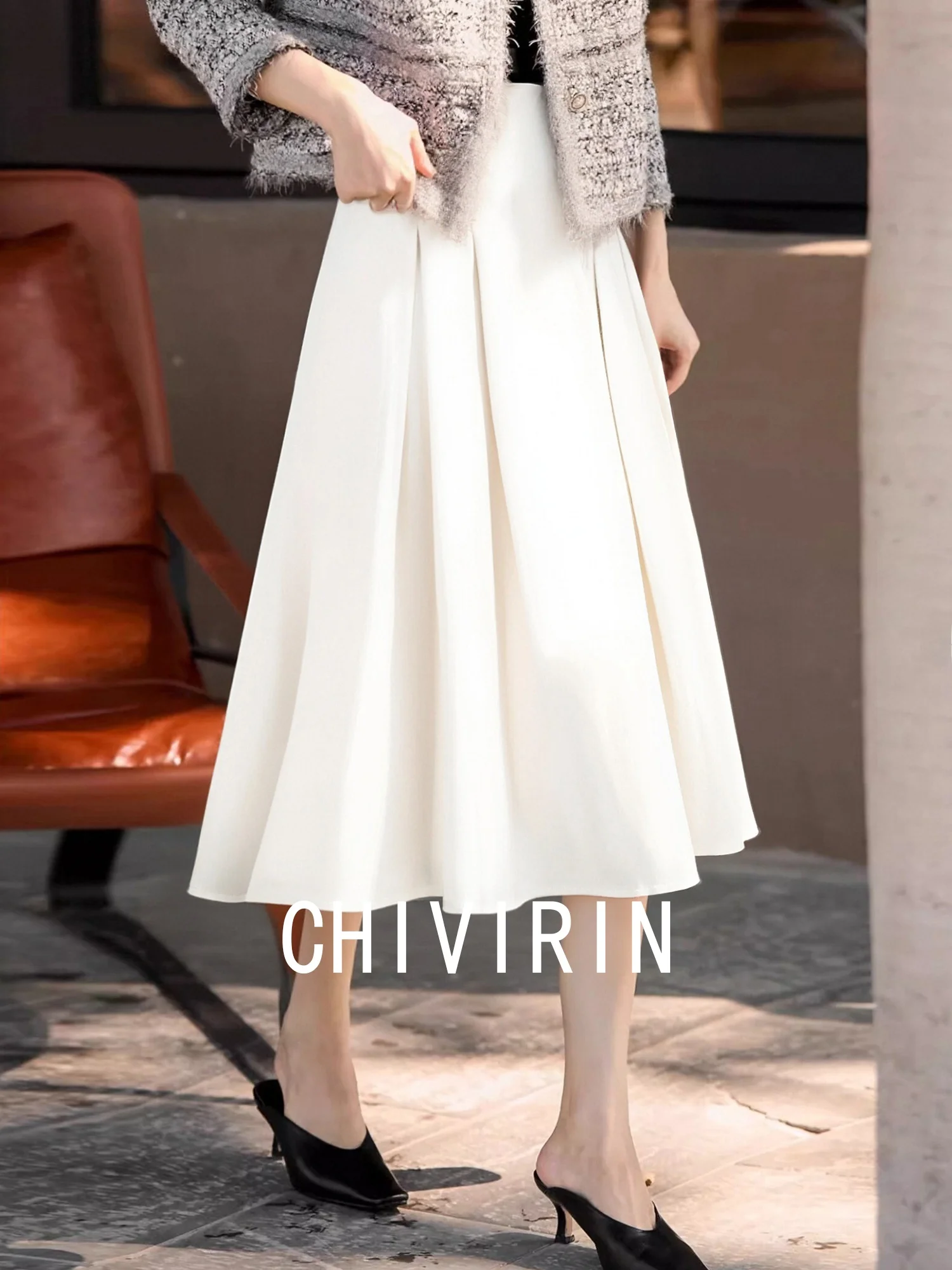 

Ele High Waist A-Line Midi Skirt Women's Spring Autumn New Sle Pleated Slimming Versatile Anti-Aging Chivirin Skirt