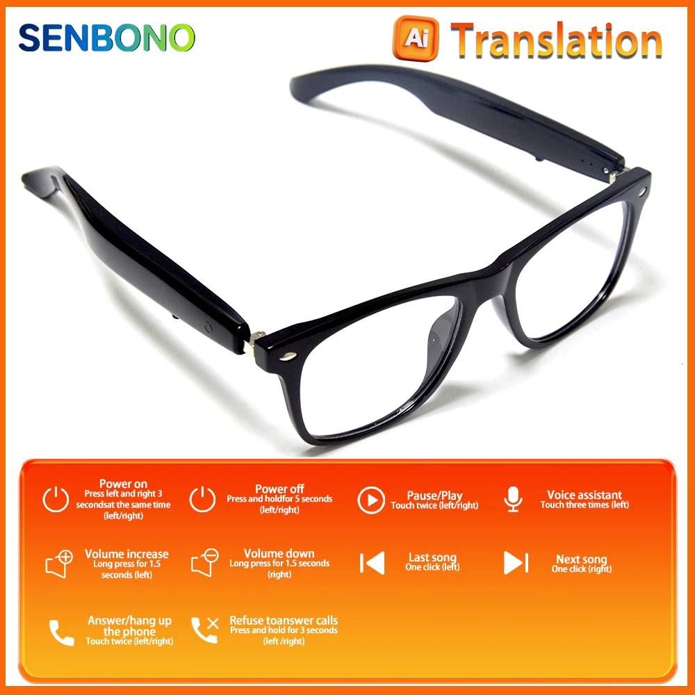 

SENBONO New Smart Glasses for Men Women Bluetooth Call AI Translation Music Control Volume Control Sunglasses Anti-blue Light