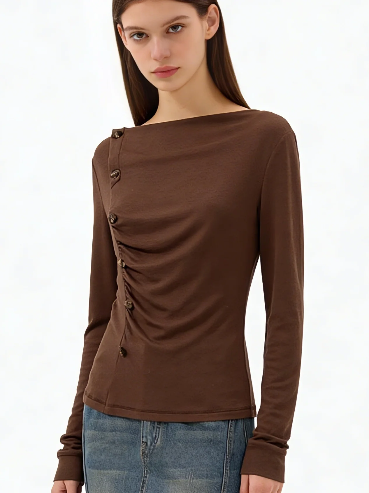 

LOLO MIRIAM26 Весенняя женская футболка с эффектом сборки, приталенного кроя, кофейного цвета, с французским рукавом, из люрексового волокна, с длинным рукавом, стандартный размер L