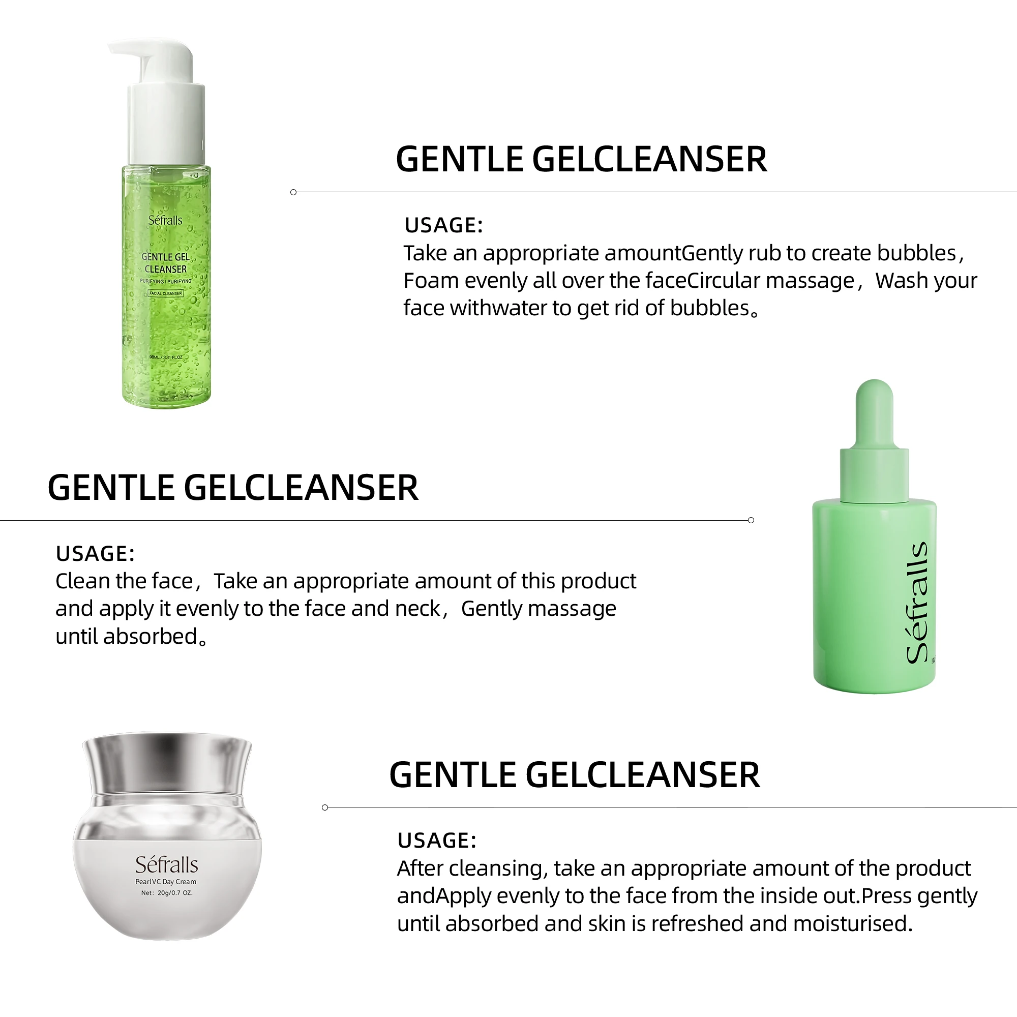Séfralls Gel de Limpeza de Aloe Vera 98ml + Óleo de Árvore de Chá 30ml + Creme Pérola VC 20g - Hidratante, Cuidados com a Acne, Conjunto de Cuidados com a Pele Iluminador