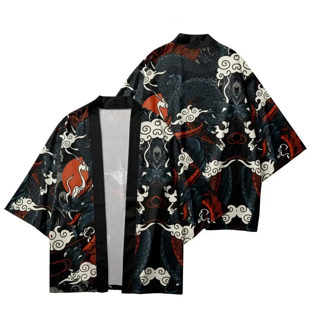 Fashion Dark Dragon Red Sun Cloud Haori Traditional Open Front Kimono Cardigan Summer Loose Breathable Unisex Coat Tops