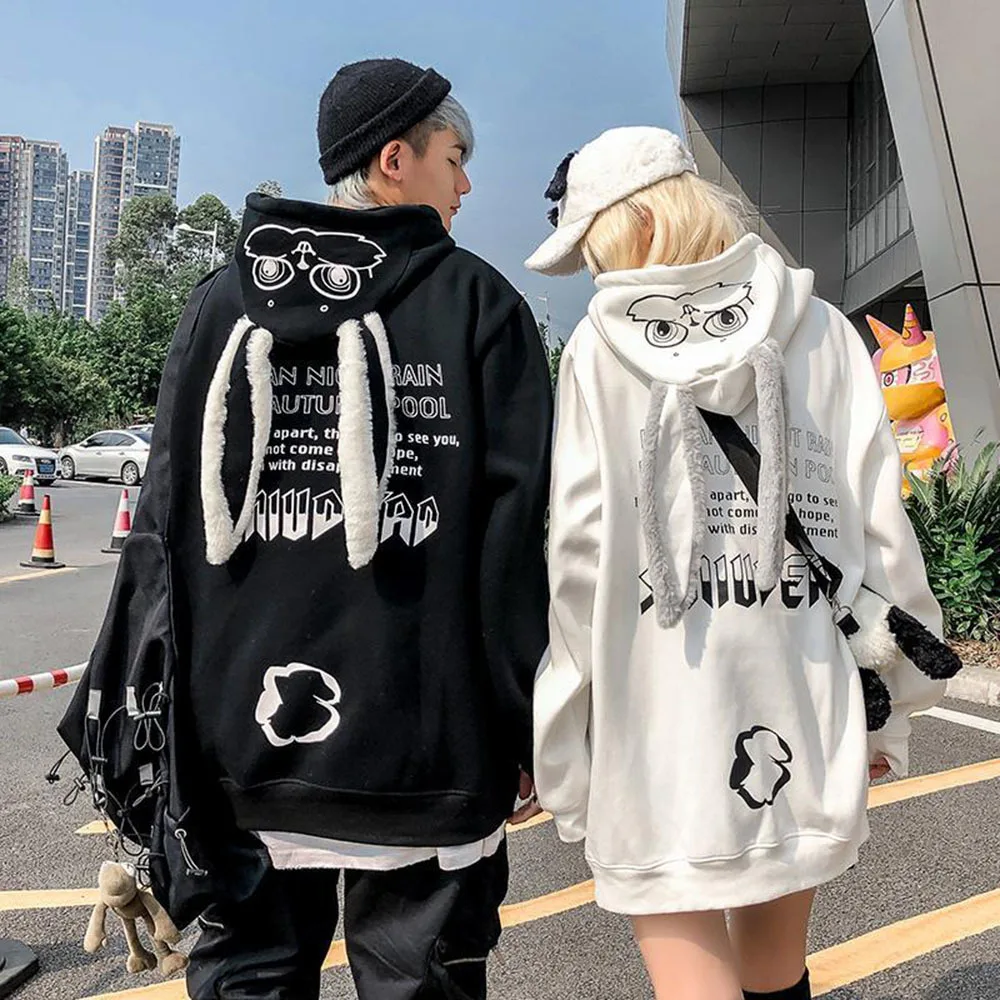 Spring Autumn Cute Rabbit Ears Sweatshirts Women Plush Thicken Couple Pullovers Female New Loose Casual Kawaii Hooded Sweatshirt