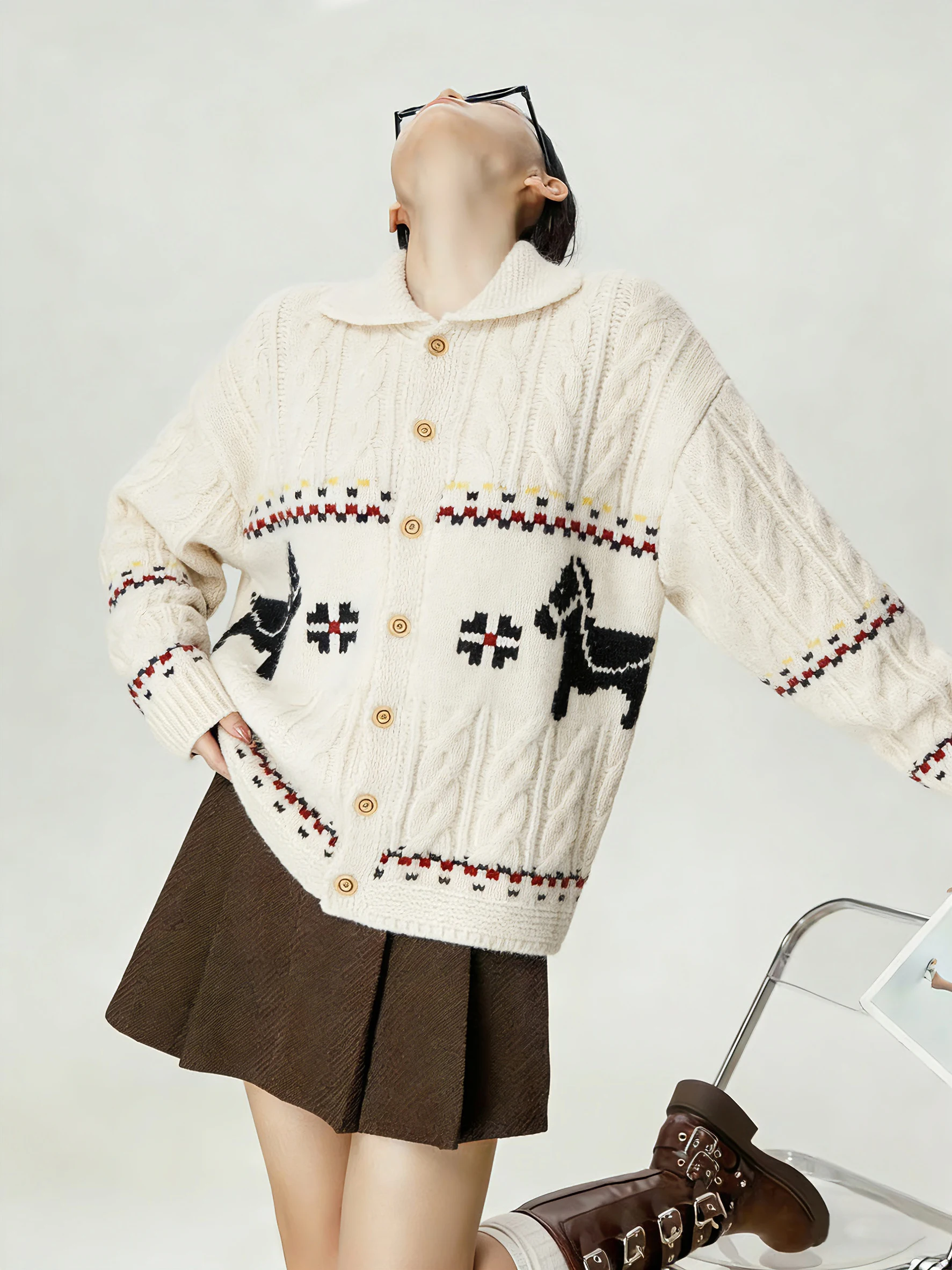 

Milk Fair Isle Knitted Sweater Women's Winter Outerwear Casual Loose Fit Long Sve Button up Vintage Sle