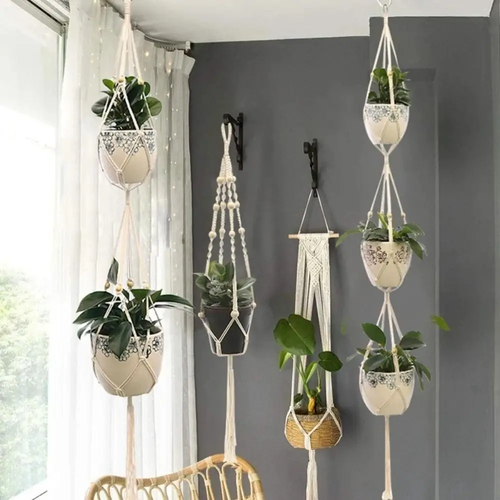 Durable Boho Cotton Rope Hanger Flower Pot Handmade Gardening Plant Hanger Hollowed-out Design 4 Legs Tassel Hanging Basket Home
