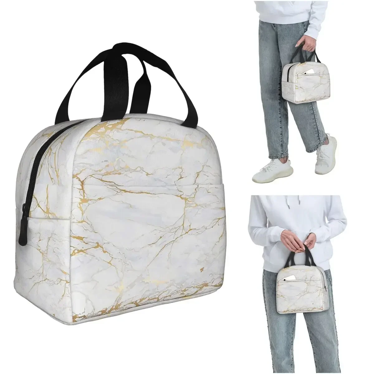 White And Gold Marbl Insulated Lunch Bag for Women Kids Portable Food Boxes Thermal Lunch Box Tote