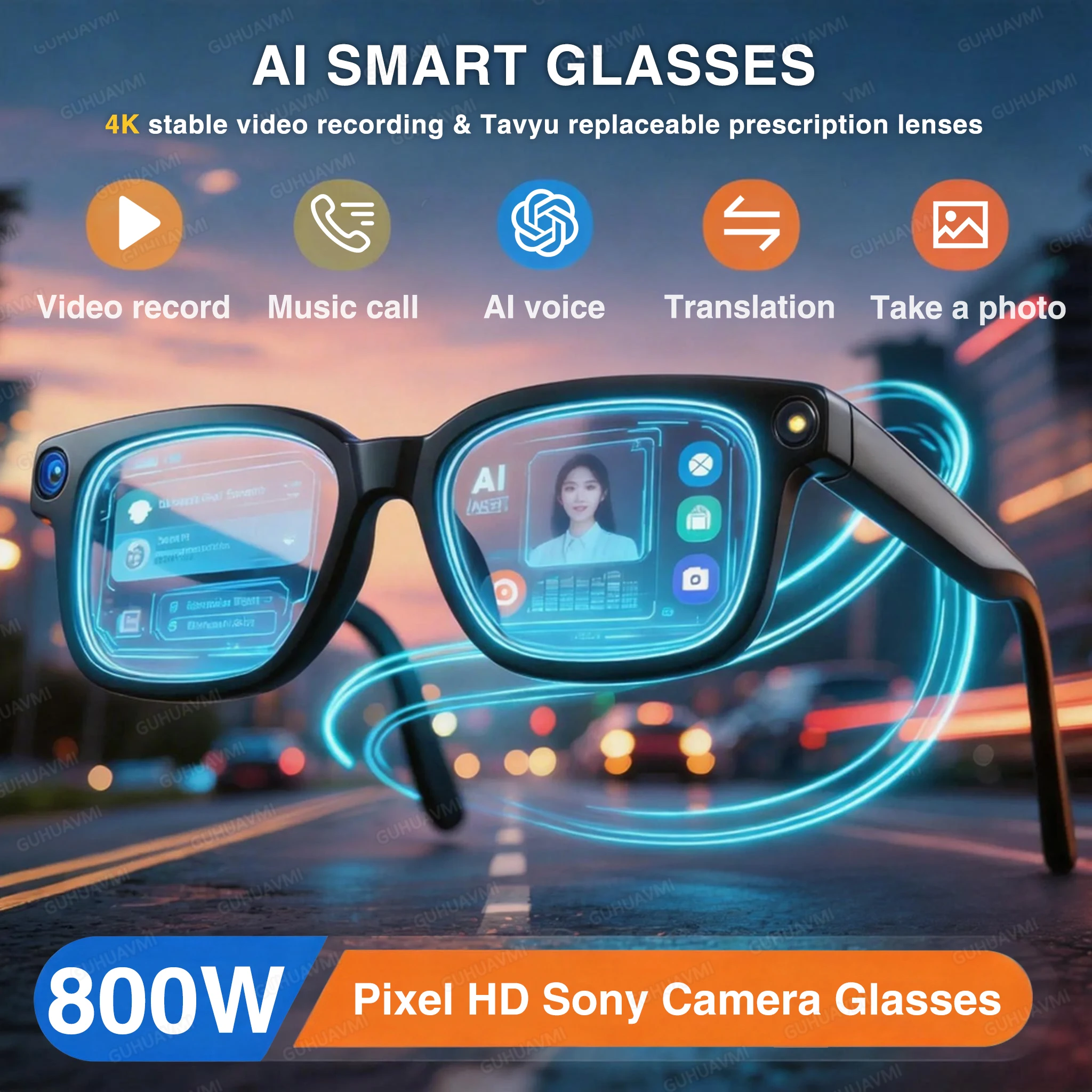 

New 800W HD Camera AI Smart Glasses Men 100+ Languages Translation Glasses 1080P Video Record Music Player Call Sunglasses Woman