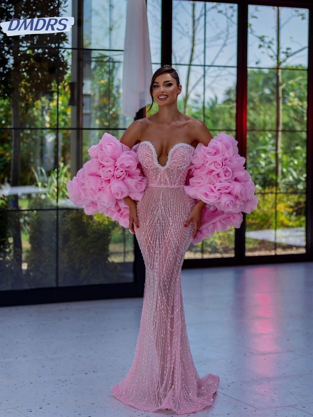 

Luxury Beaded Mermaid Evening Dress With 3D Flower Shawl Sexy Deep V-neck Wedding Party Gowns Elegant Pink Prom Gown Customized