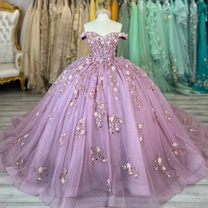 

Pink Shiny Ball Gown Quinceanera Dresses Off The Shoulder Applique Lace Beads Tull Party Birthday Sweet 16 Dress Vestidos 15 De