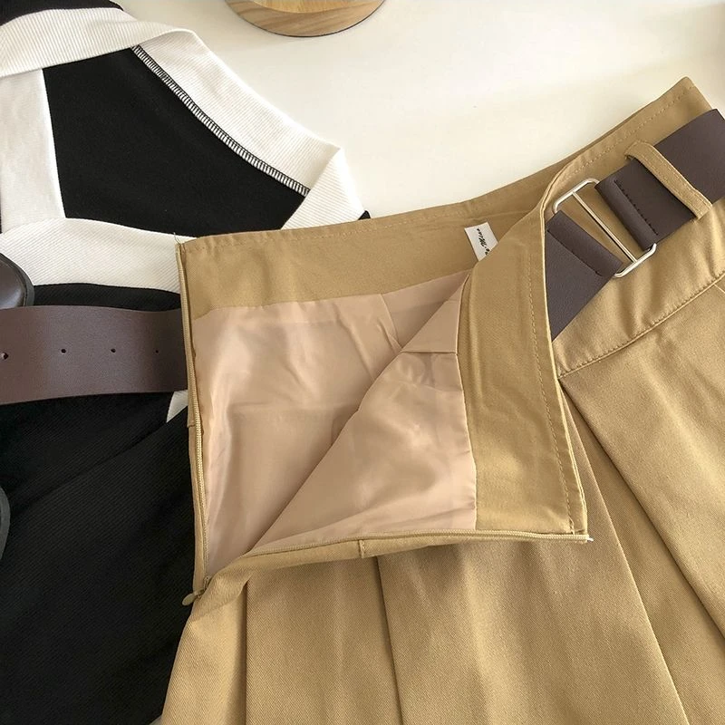 Pleated Skirts Women Ulzzang Mini Solid with Belt Vintage Preppy Style Summer High Waist Tender Classic All-match Teens Hotsweet