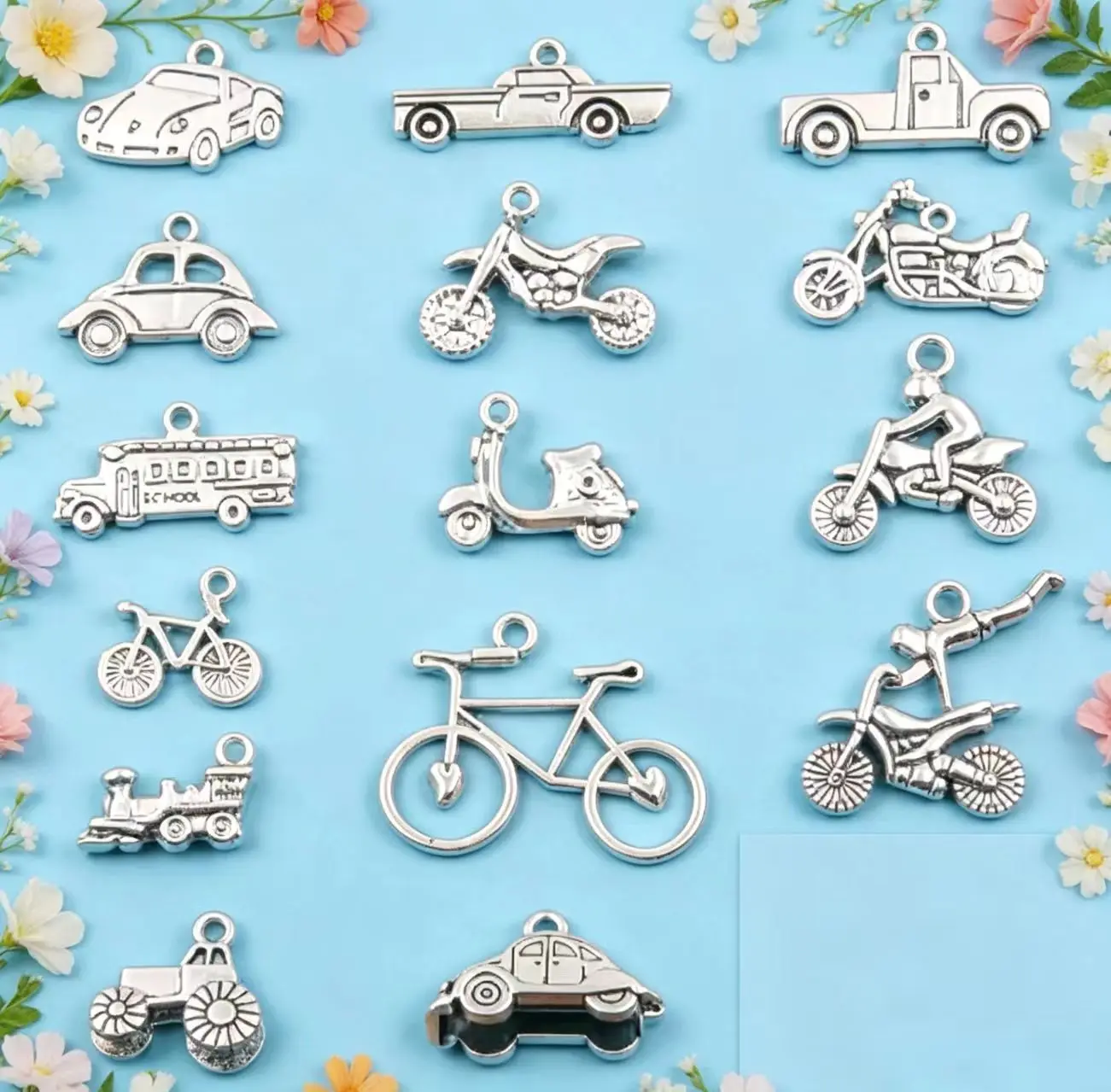 10Pcs 16Style Mixed Alloy Vehicle Charms for DIY Jewelry Making Pendant, Bicycle Motorcycle Train Car Truck Keychain Accessories