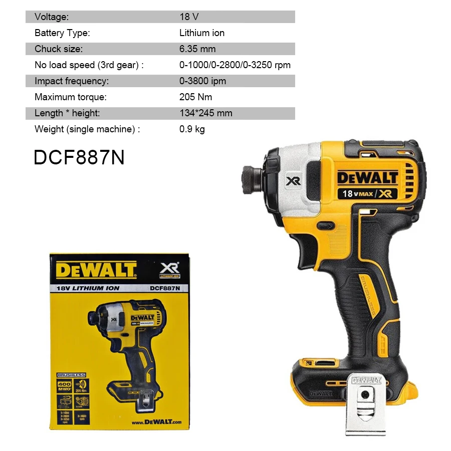 DEWALT DCF887N Cordless Brushless Impact Driver 18V 205Nm Lithium-ion 1/4 inches Brushless Rechargeable Electric Drill Bare Tool