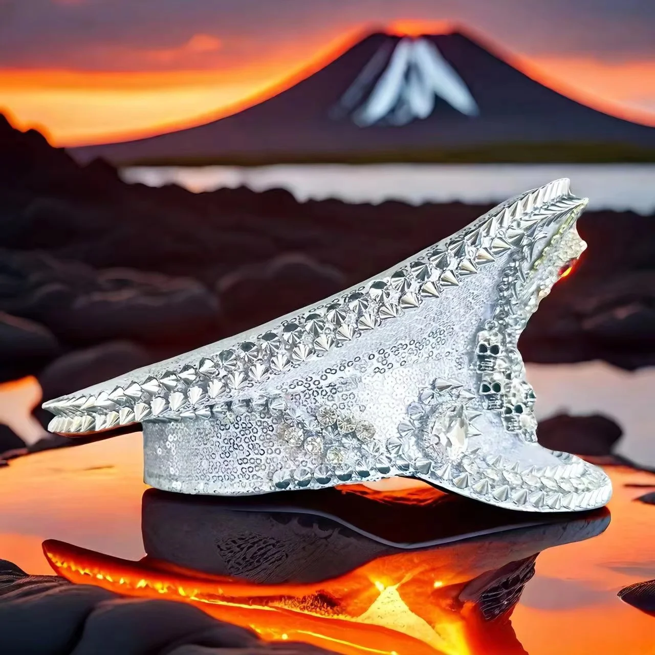 HongLuan Gelber Laser-Leder-Loop-Kapitänshut mit Strasssteinen und Militärkappen für Damen, Rave-Festivals-Accessoires und Partymütze für Herren