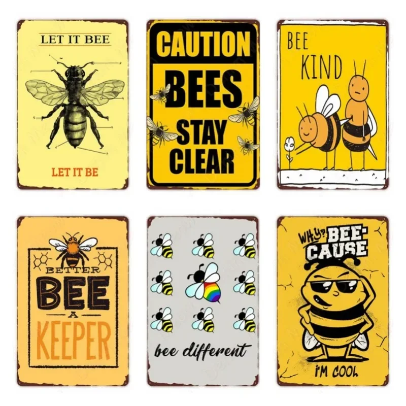 Bee Kind Funny Retro Poster Bee Happy Metal Sign Home Outdoor Wall Decoration Honeybee BeeKeeper Slogans Art Tin  8 X 12 Inch