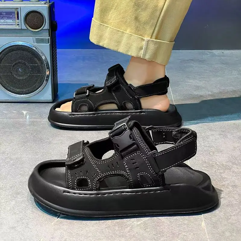 Men 2026 Summer New One Word Casual Sports Sandals Thick sole Non Slip Anti Odor Lightweight Velcro Outdoor Beach Sandals