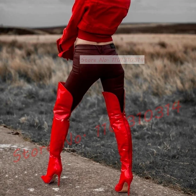 Red Back Cutout Long Boots Women Slouchy Sexy Pointy High Heels Over Knee Shoes Patent Leather Splicing Outfit Stylish Boots AliExpress