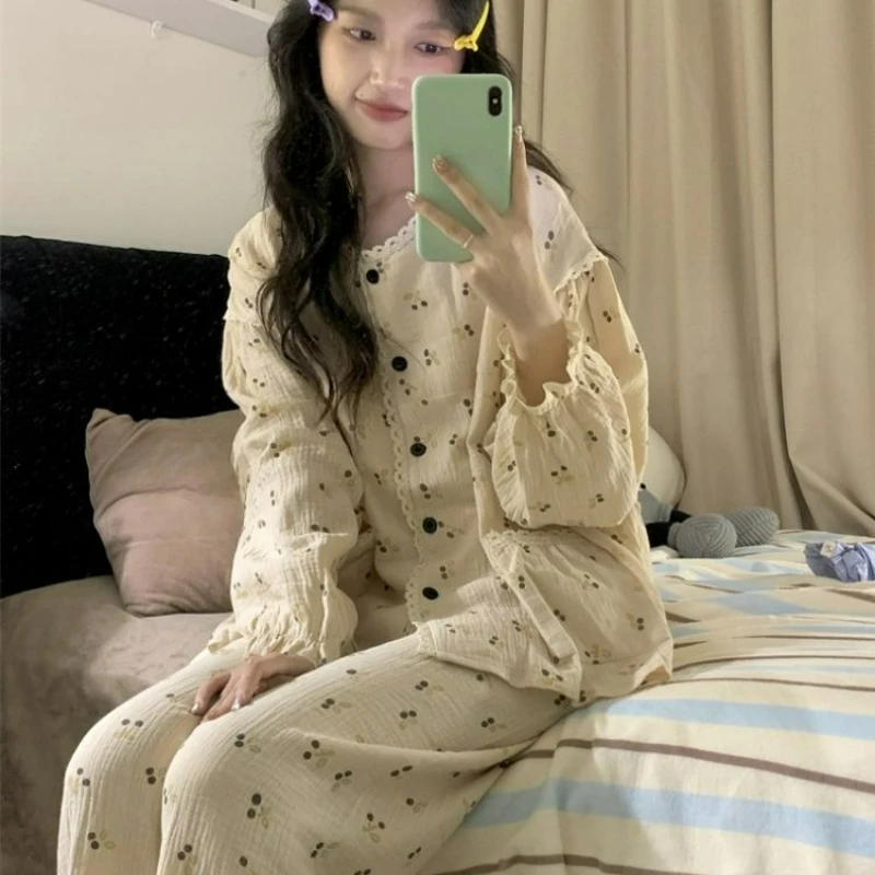 Pajamas Women Spring Autumn Korean Version Ins Sweet Lace Long Sleeves Trousers Internet Celebrity Loose Student Loungewear Suit
