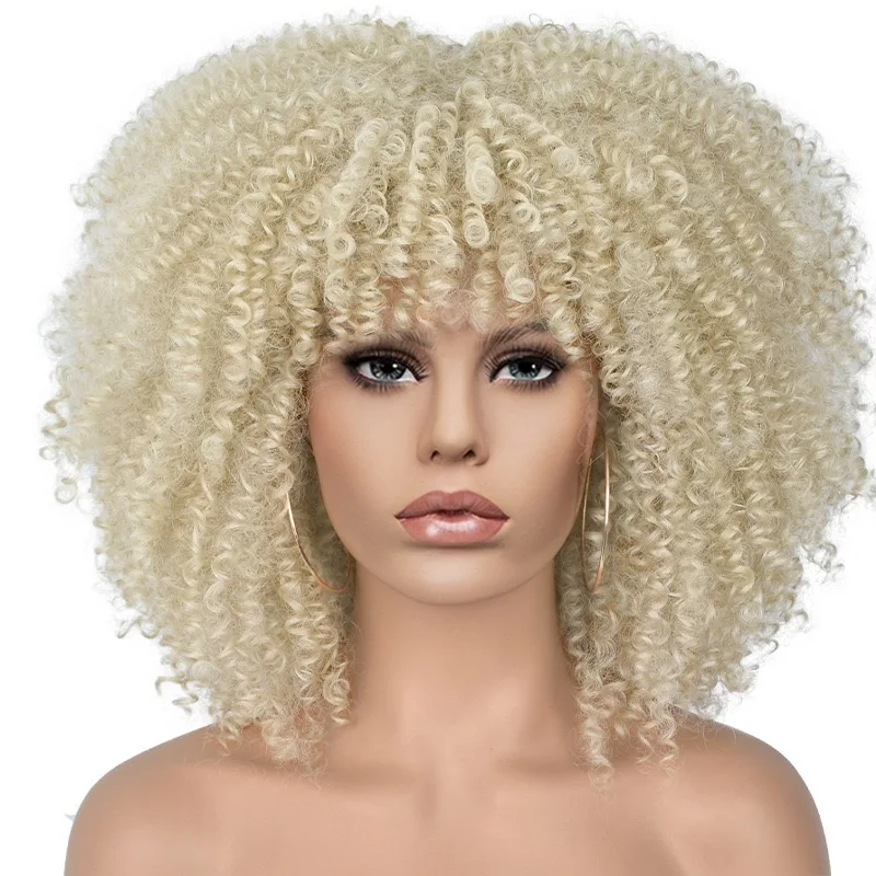 Krótka peruka z kręconymi włosami Afro z grzywką dla czarnych kobiet Naturalne włosy Ombre Mieszane brązowe blond różowe peruki syntetyczne Cosplay