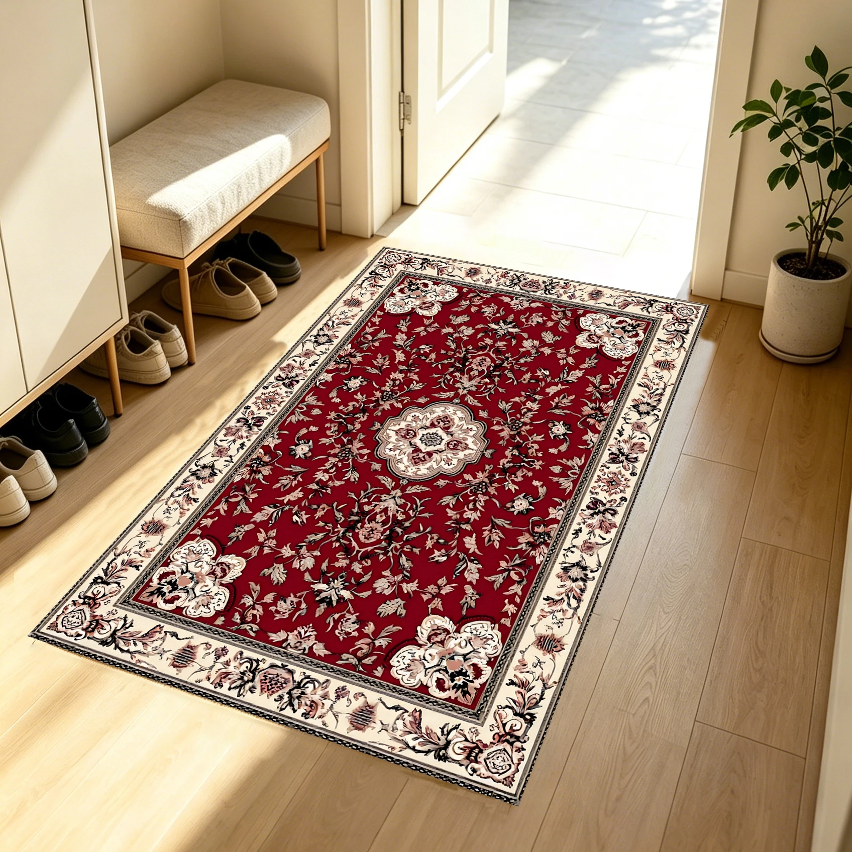 2D Large Carpet with Red Background and Classic Persian Pattern, Suitable for European Retro-Style Living Room and Bedroom, Can Be Used to Instantly Refresh Autumn and Winter Decorations