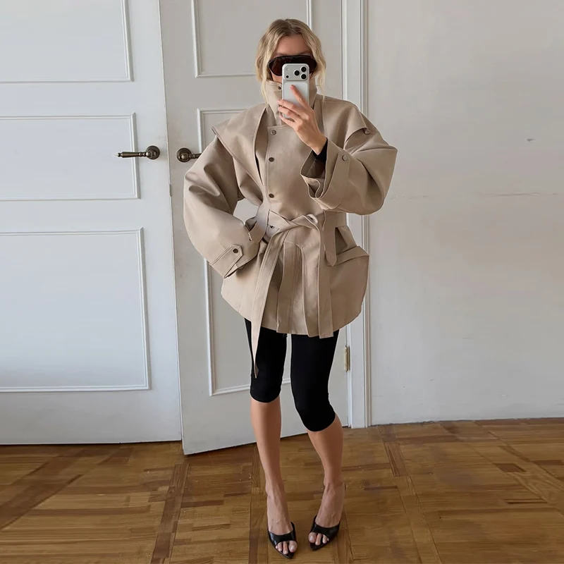 Damen-Windbreaker mit Revers und Schnürung, einreihiger Trenchcoat für Frühling und Herbst, langärmelige, schmale Jacke, neue Oberbekleidung – Detail 24