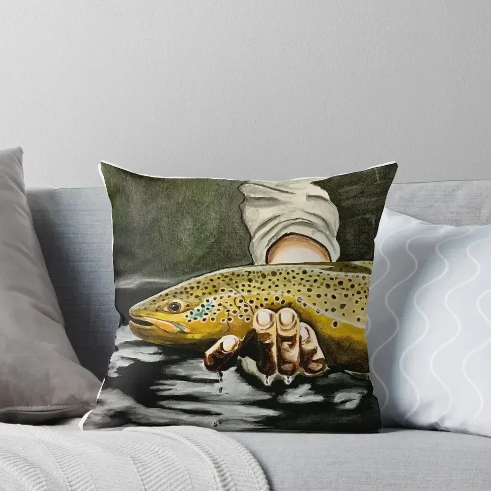 

North Platte Brown - Trout Painting Throw Pillow Luxury Pillow Cover anime girl Couch Pillows pillow