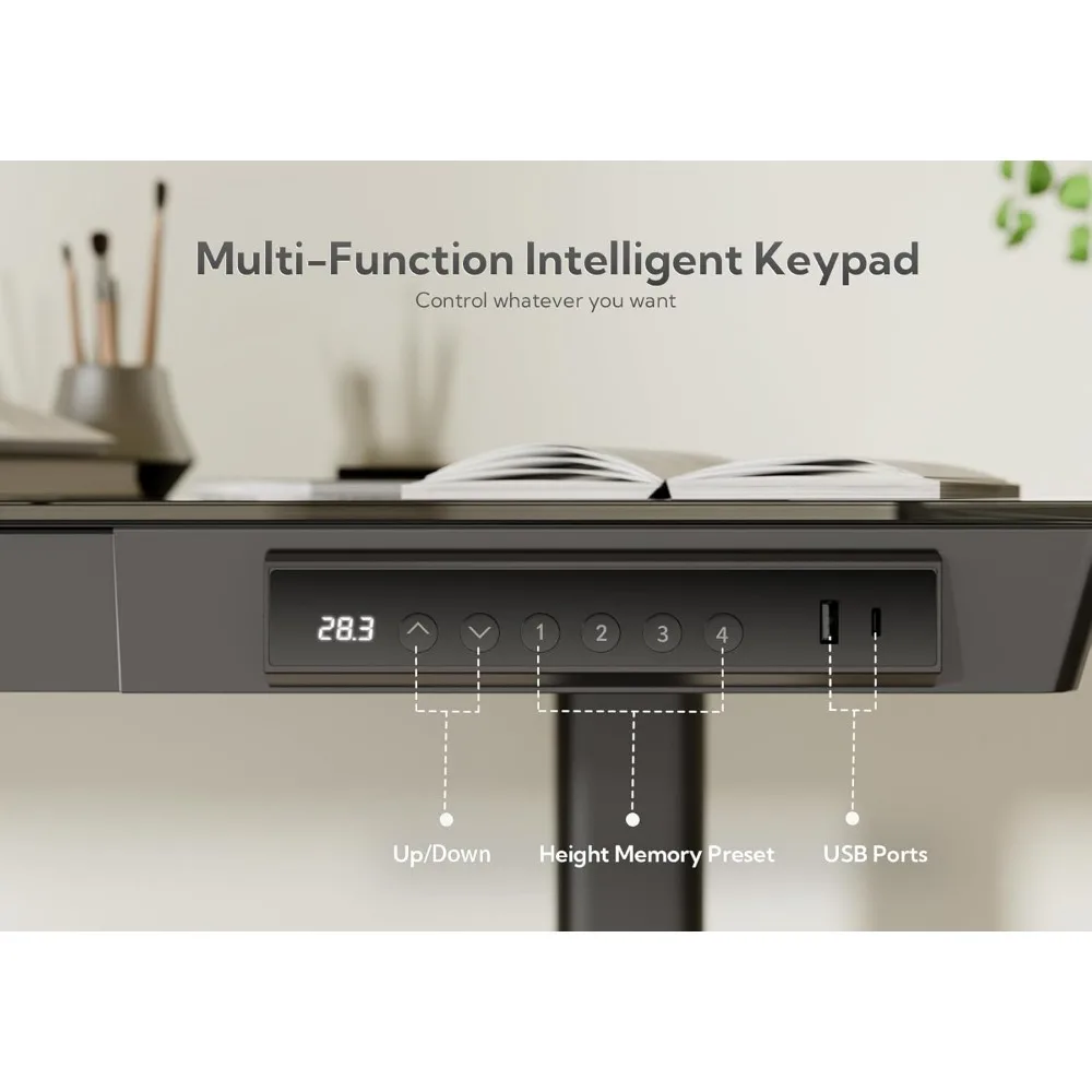 Mesa de pé com tampo de vidro ajustável de 40 polegadas com gavetas e portas de carregamento USB para uso em escritório doméstico
