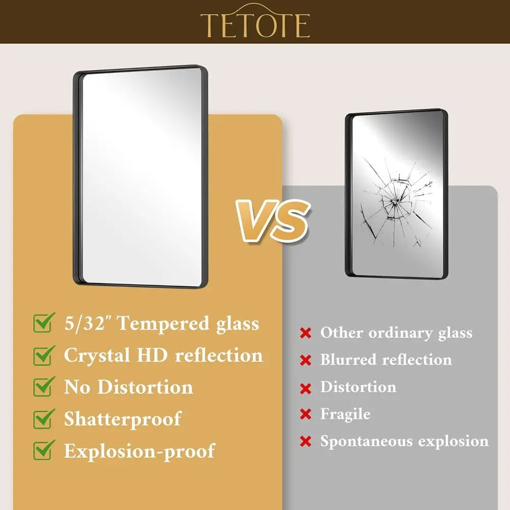 Espejo de tocador negro mate montado en la pared 36 x 28 con vidrio templado para uso doméstico