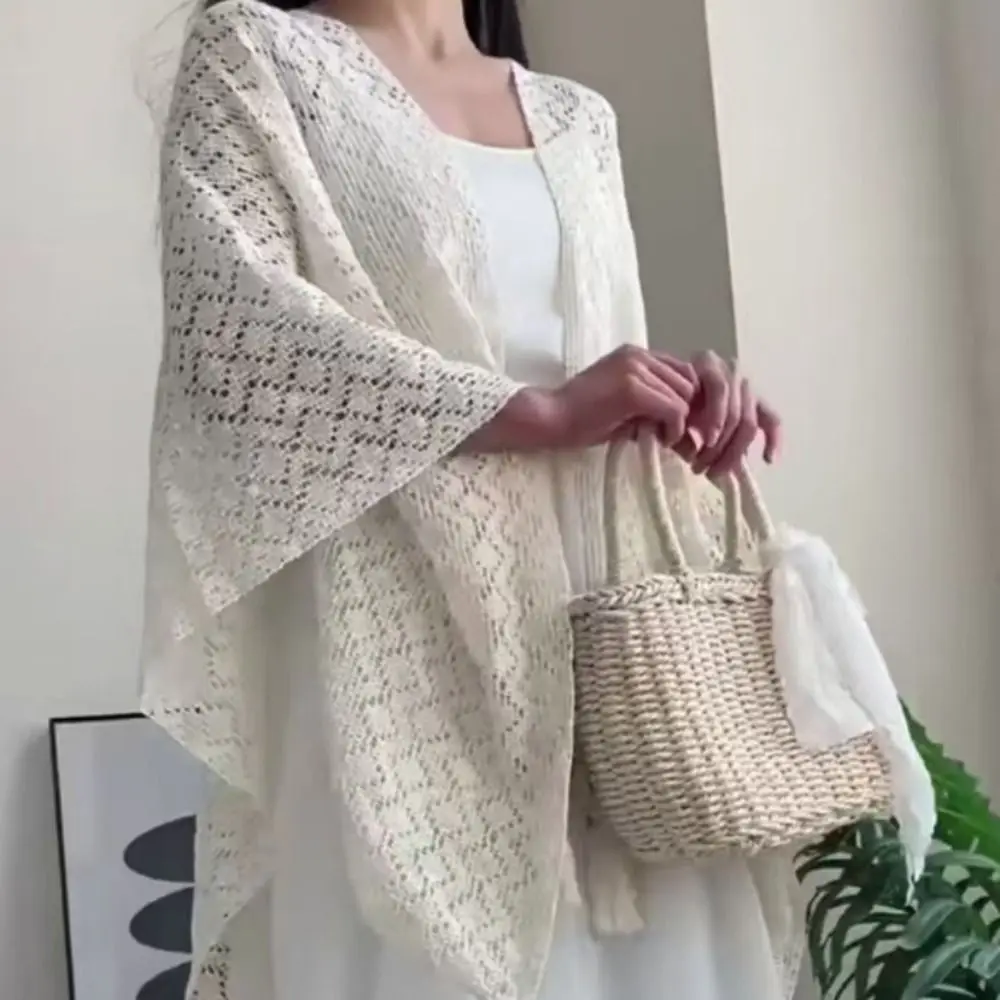 

Elegant Colorful Ethnic Style Shawl Tassel Wave Stripe Knitted Shawl for Women Patchwork Ins Crochet Hollow Cardigan Beach