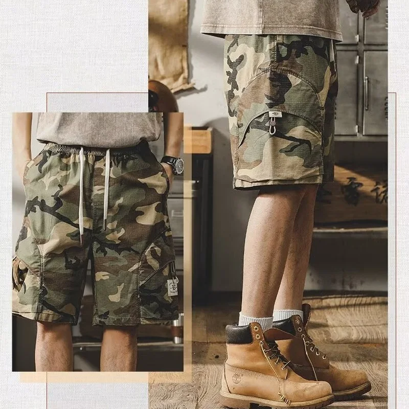 Summer Street Multi Pocket Camouflage Patchwork Mens Camo Shorts Pants Retro High Street Male Wide Leg Five Point Cargo Pants