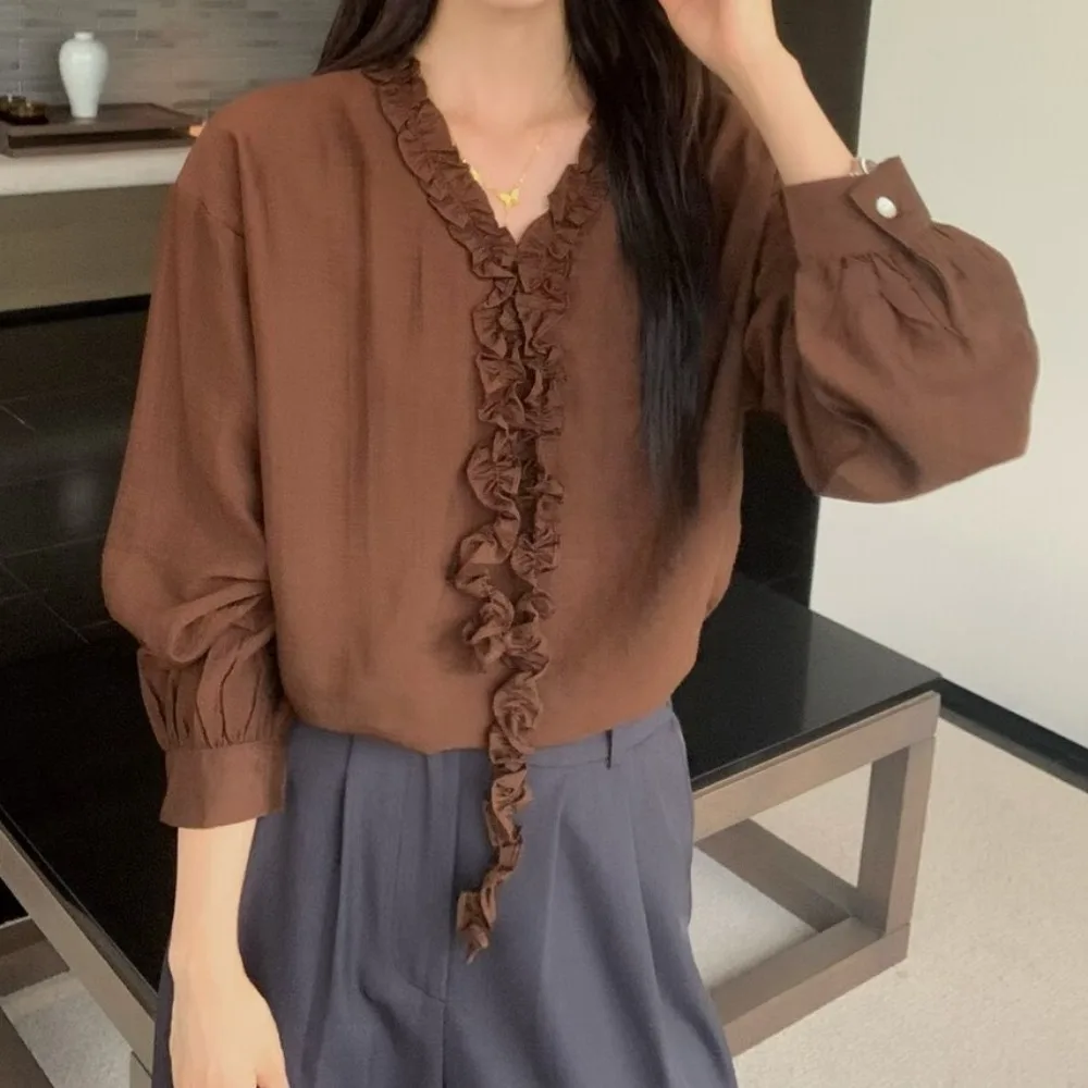 Koreanische Sle frauen irt Süße Sanfte Quaste Blume Holz Ohr Sexy V-ne Lange Sve Pendeln Top Atmungsaktiv Haut-freundliche