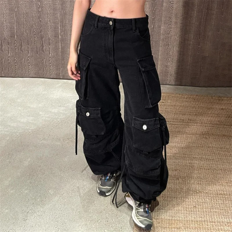 

Women's jeans 2025 Winter new low waisted slim fit wide leg pants pure cotton women's pants Retro ripped cargo pants Denim pants
