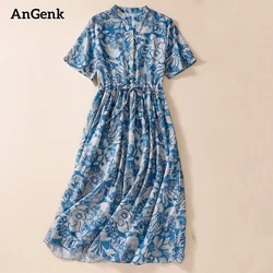 2025 New Short Sleeve  Summer Vintage Shirt Dresses For Women Casual Long Elegant Vestidos Robe Fashion Office Lady Work Dress