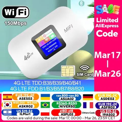 4G LTE 라우터 무선 와이파이 휴대용 모뎀 미니 야외 핫 스팟 포켓 Mifi 150mbps Sim 카드 슬롯 리피터 3000mah