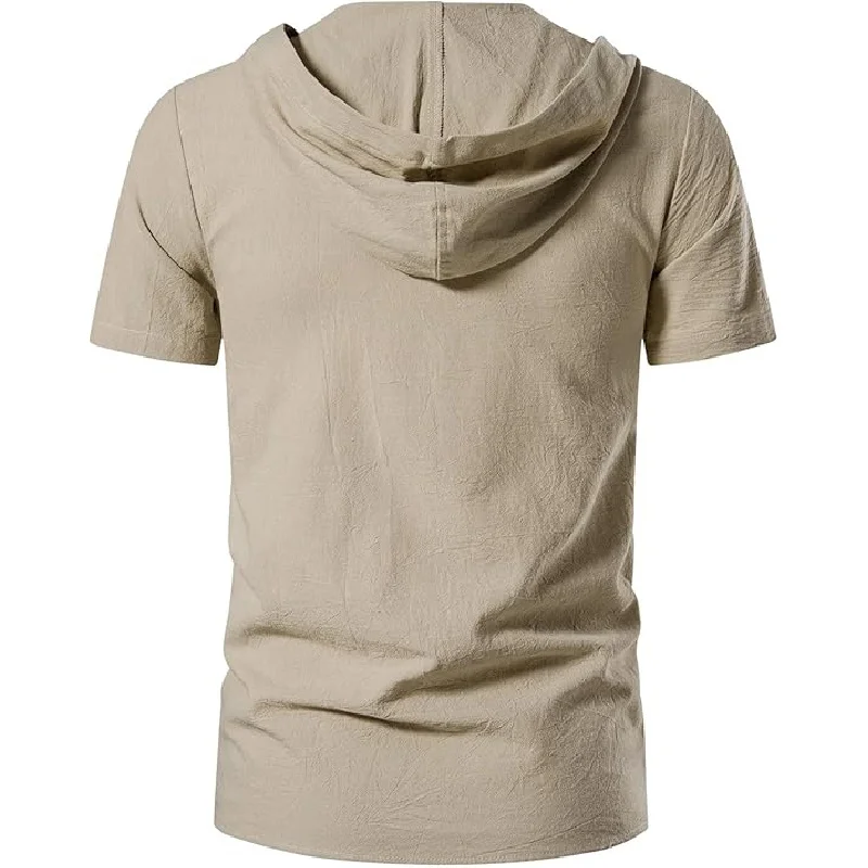 Men's Cotton Vintage Hooded Design Short Sleeve Lace up Shirts for Renaissance Pirate Viking Medieval Costume