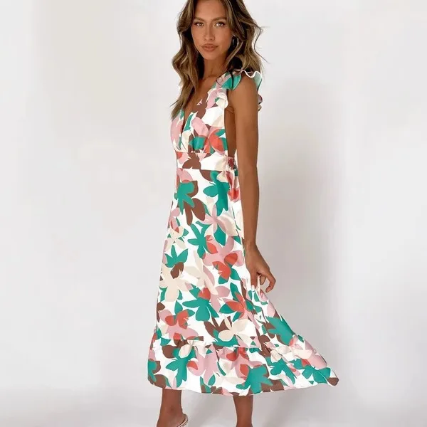 2025 Nuevo vestido sin espalda con estampado floral de verano con cintura elástica 22091